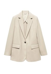 Blazer beige à rayures fines avec un col cranté, une fermeture à un bouton, deux poches avant, et des manches longues. Texture de tissu lisse.