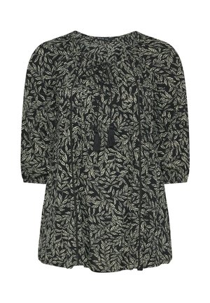 Schwarze Bluse mit weißem Blattmuster, dreiviertellangen Ärmeln, rundem Ausschnitt und vorderen Quastenbändern.