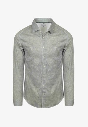 Herren langärmliges Hemd in mittelgrau und weiß mit dünnen Streifen, mit Kragen und Manschetten, Markenlabel innen am Kragen sichtbar.