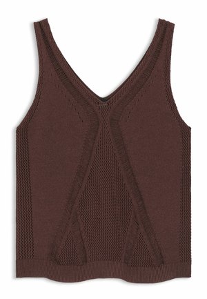 Hihaton ruskea neulottu toppi V-pääntiellä ja keskellä sekä sivuilla kuvioidut verkkoyksityiskohdat.