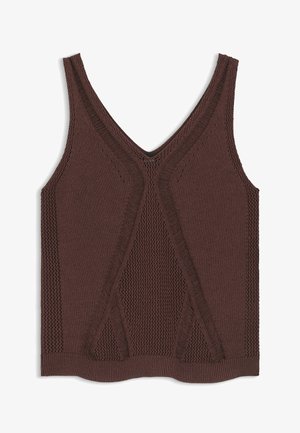 Mouwloos bruin gebreid hemd met V-hals en patroon van mesh details in het midden en aan de zijkanten.