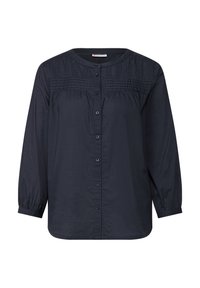 Camicia a maniche lunghe blu scuro con scollatura arrotondata, chiusura con bottoni sul davanti e dettagli arricciati sulla parte superiore. Realizzata in tessuto leggero.