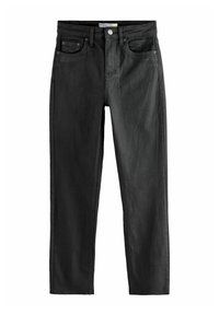 Slim-fit černé džíny z denimu s hladkou texturou, pěticípým designem, poutky na pás a zipovým zapínáním. Mírné zesvětlení na přední a zadní straně.