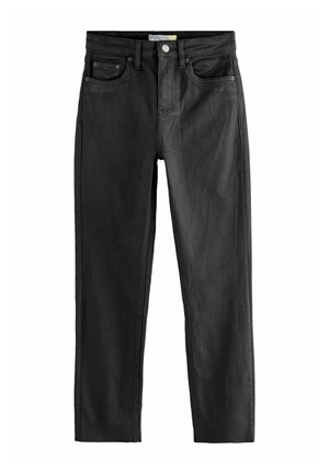 Slim-fit černé džíny z denimu s hladkou texturou, pěticípým designem, poutky na pás a zipovým zapínáním. Mírné zesvětlení na přední a zadní straně.