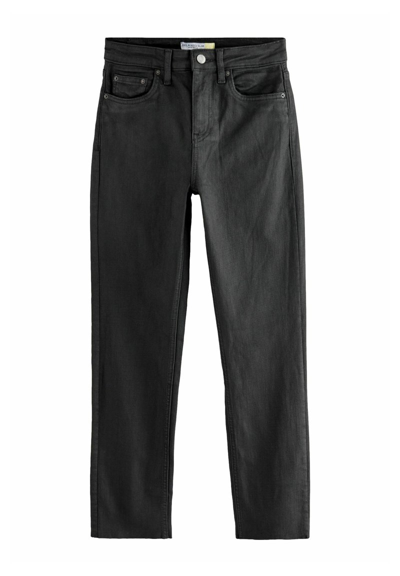Slim-fit černé džíny z denimu s hladkou texturou, pěticípým designem, poutky na pás a zipovým zapínáním. Mírné zesvětlení na přední a zadní straně.