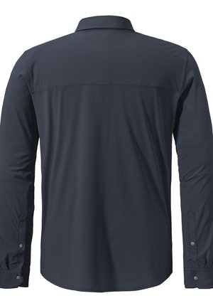 Langarmhemd aus dunklem Marineblau mit einem Button-down-Kragen, glatter Textur und Druckknopfärmeln sowie einem taillierten Rückendesign.