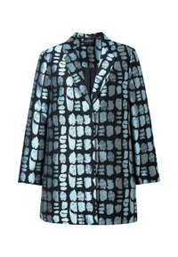 Blazer in tessuto blu scuro con motivo astratto a pennellate azzurre. Revers con spacco, bottone singolo e maniche a tre quarti.