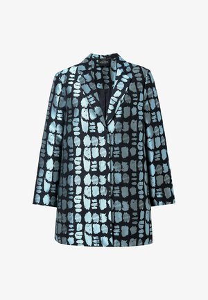 Blazer in tessuto blu scuro con motivo astratto a pennellate azzurre. Revers con spacco, bottone singolo e maniche a tre quarti.