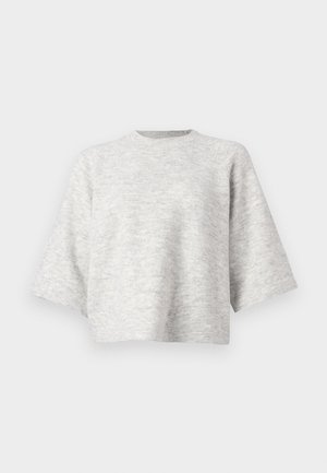 Grey knit sweater with a relaxed, boxy shape and wide sleeves. Features a crew neckline and soft texture. No visible patterns or accents.