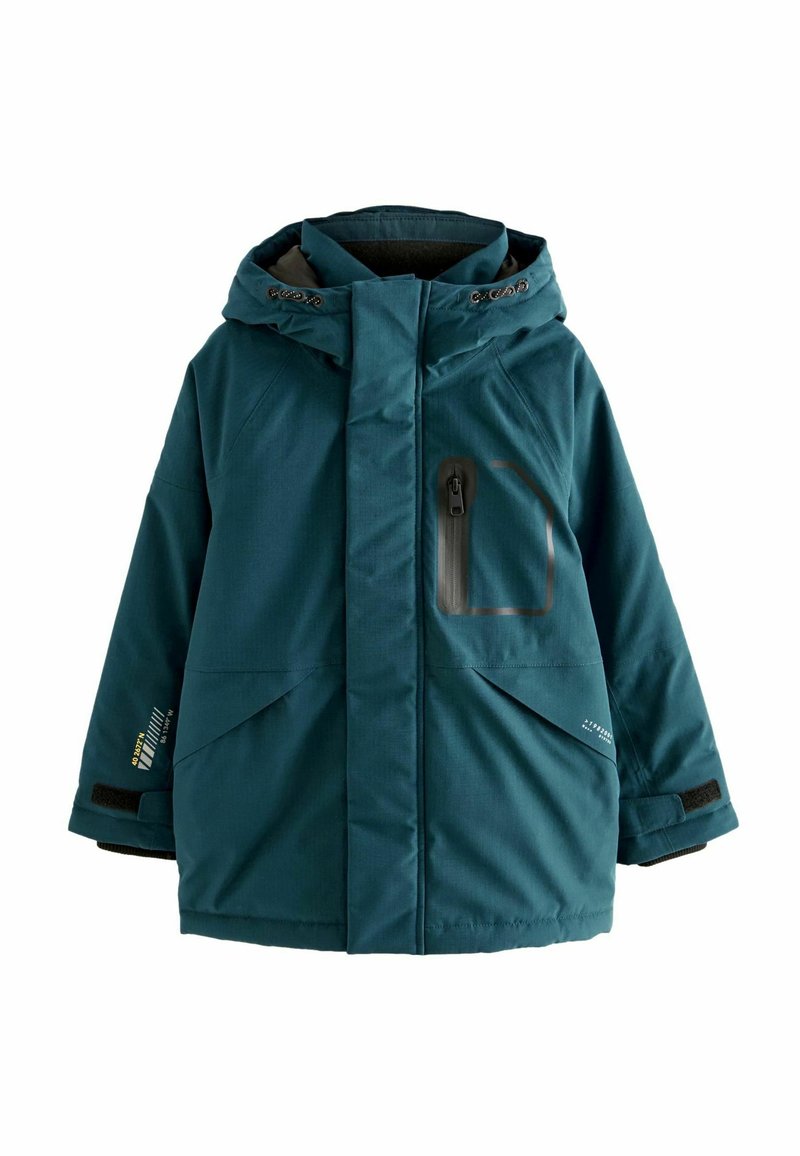 Türkisfarbene, wasserdichte Jacke mit Kapuze, Frontreißverschluss und Brusttasche. Verfügt über verstellbare Manschetten und große Seitentaschen.