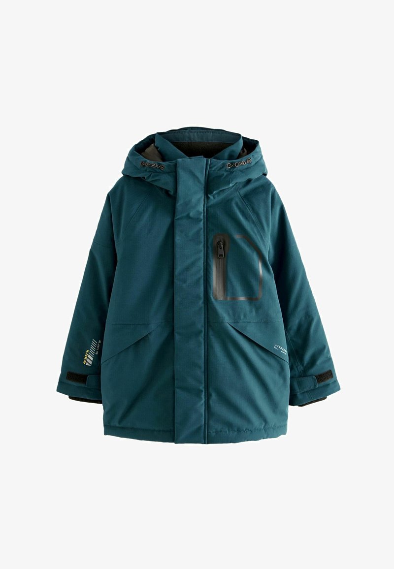 Teal vandtæt jakke med hætte, frontlynlås og brystlomme. Har justerbare manchetter og store sidelommer.