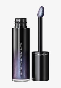 Schwarze Tube mit schimmerndem lila Flüssig-Augenaufschlag und Applikatorstab, der mit demselben glitzernden Makeup beschichtet ist.