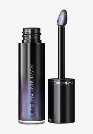 Schwarze Tube mit schimmerndem lila Flüssig-Augenaufschlag und Applikatorstab, der mit demselben glitzernden Makeup beschichtet ist.