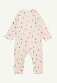 Helles beiges Baby-Overall aus geripptem Stoff, mit einem wiederholten Erdbeerprint, langen Ärmeln und umschlagenen Knöcheln.
