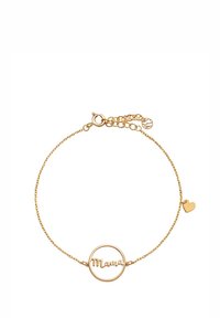 Złota bransoleta z łańcuchem, wyposażona w okrągły medalion z napisem "Mama" oraz małym serduszkiem. Subtelny design z cienkimi ogniwami i polerowanym wykończeniem.