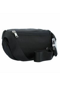 Borsa a tracolla nera in nylon con chiusura con zip, cinturino testurizzato e design curvo e compatto con accenti in metallo argentato.
