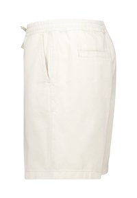 Pantalones cortos beige con cintura elástica, bolsillos laterales y un bolsillo trasero; hechos de una tela ligera con una textura suave.