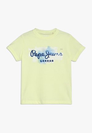 Lysegul kortærmet T-shirt med blå tekst i akvarelstil, der lyder ""Pepe Jeans London"" på fronten.