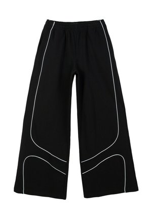 Czarne spodnie o szerokich nogawkach z elastycznym pasem, ozdobione białymi lamówkami w zakrzywione wzory po bokach. Gładka faktura.