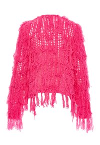 Fransig kofta i klar rosa, med en löst stickad design som har texturerade trådar och en rak nederkant, kantad med långa fransar.