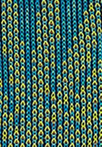Tessuto multicolore con un motivo di anelli blu e gialli intrecciati. La texture appare liscia, con una trama uniforme in tutto il tessuto.