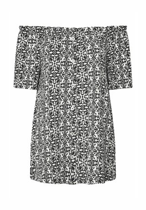 Off-the-shoulder top with short sleeves, featuring a black and white floral pattern on a light background, made of a textured fabric.