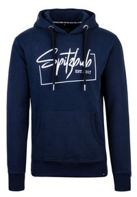 Marineblauwe hoodie van een katoenmix, met een voorzak in kangoeroe-stijl, een capuchon met trekkoord en een wit grafisch logo met "EST. 2017."