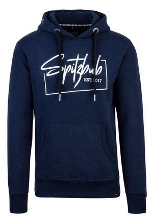 Marineblauwe hoodie van een katoenmix, met een voorzak in kangoeroe-stijl, een capuchon met trekkoord en een wit grafisch logo met "EST. 2017."