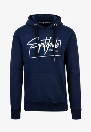 Dunkelblaue Kapuzenjacke aus Baumwollmischung mit frontaler Kängurutasche, verstellbarem Kapuzenzug und grauer Grafik mit "EST. 2017."