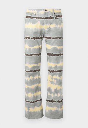 Gray and yellow tie-dye pants with straight legs, front button, zipper closure, belt loops, and five-pocket design.