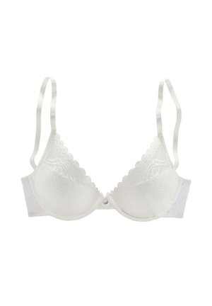 Reggiseno in pizzo bianco con bordi smerlati, spalline regolabili, ferretto di supporto e un piccolo charm decorativo centrale.