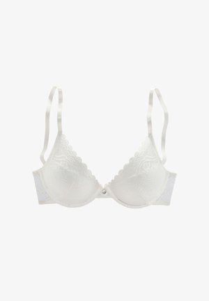 Reggiseno in pizzo bianco con bordi smerlati, spalline regolabili, ferretto di supporto e un piccolo charm decorativo centrale.