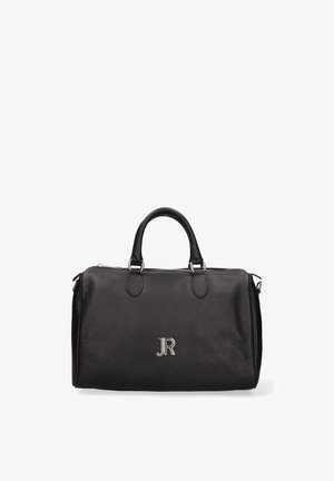 Sac à main en cuir noir avec double poignées, fermeture éclair argentée et logo "JR" argenté centré sur le devant.