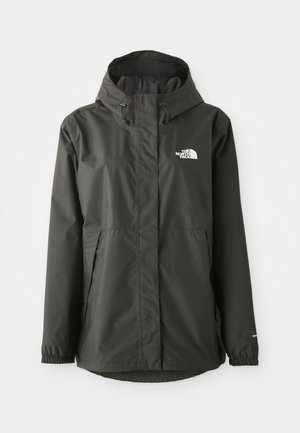 Juodas vandeniui atsparus džemperis su kapišonu, elastingomis rankovėmis, dviem priekinėmis kišenėmis ir baltu "The North Face" logotipu ant krūtinės.