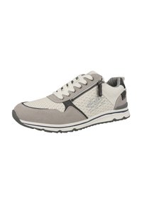 Chaussure de sport légère avec une tige beige perforée, des accents en suède gris, des lacets blancs, une fermeture éclair et une semelle en caoutchouc texturée.