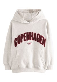 Grauer Hoodie mit einer Fronttasche, bestickt mit burgunderrotem Text "COPENHAGEN" und "1982". Weicher Stoff mit klassischem Kapuzen-Design.