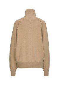 Beiger Rollkragenpullover mit weicher Textur, langen Ärmeln und gerippten Bündchen. Verfügt über eine lockere Passform und eingesetzte Schulternähte.