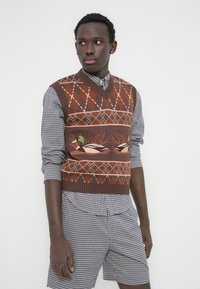 Νέος άνδρας που φοράει καφέ πουλόβερ τύπου argyle με σχέδιο πάπιας πάνω από μπλε και λευκό καρό πουκάμισο και αντίστοιχα σορτς, στέκεται μπροστά σε λευκό φόντο.