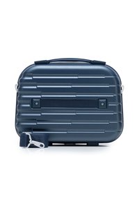 Borsa rigida navy con strisce orizzontali testurizzate, maniglia superiore, tracolla removibile e dettagli in metallo. Forma rettangolare compatta.