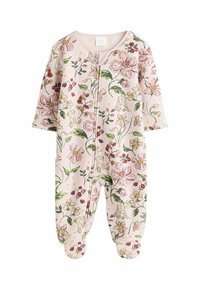 Blumiges Babykleid in Rosa mit langen Ärmeln und bedeckten Füßen. Mit einem Frontreißverschluss und aufwendigen Blumen- und Hasenmuster. Aus weichem Stoff.
