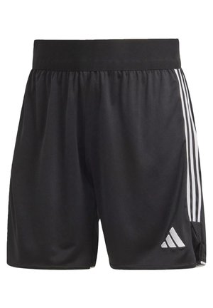 Czarne sportowe szorty z trzema białymi paskami po bokach i logo Adidas na dolnej części prawej nogawki, widoczny elastyczny pas.