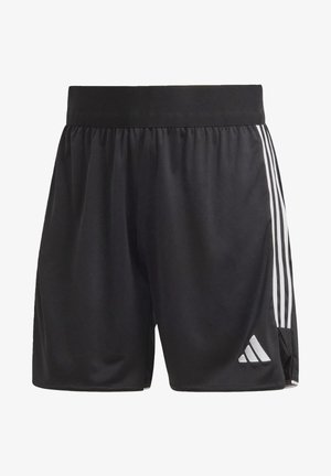 Czarne sportowe szorty z trzema białymi paskami po bokach i logo Adidas na dolnej części prawej nogawki, widoczny elastyczny pas.