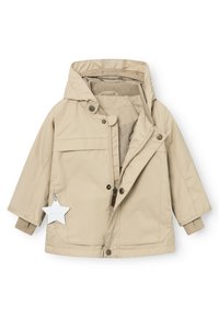 Veste pour enfants beige avec capuche, fermeture éclair à l'avant, boutons pression, poignets côtelés et étiquette en forme d'étoile. Texture extérieure lisse et tissu durable.