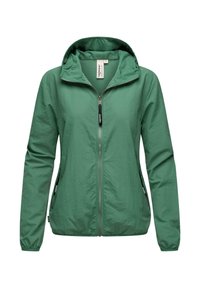 Veste légère verte avec zip sur le devant, capuche réglable et deux poches latérales. Fabriquée en tissu texturé avec des poignets élastiques.