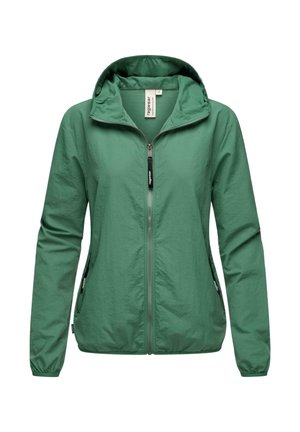 Green lightweight jacket with a zip front, adjustable hood, and two side pockets. Made of textured fabric with elastic cuffs.