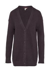 Dunkellila gestrickte Strickjacke mit V-Ausschnitt, langen Ärmeln und sechs Knöpfen vorne. Besitzt einen strukturierten Stoff und gerippte Bündchen.