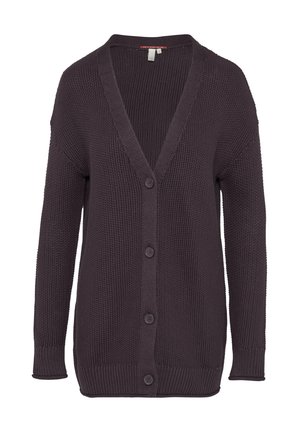 Cardigan tricoté violet foncé avec un col en V, des manches longues et six boutons sur le devant. Dispose d'un tissu texturé et de poignets côtelés.