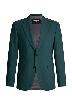 Blazer verde scuro da uomo con due bottoni neri, rever a intaglio, tasche frontali con pattina e fodera interna grigia con etichetta Strellson.