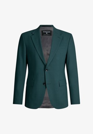 Blazer verde scuro da uomo con due bottoni neri, rever a intaglio, tasche frontali con pattina e fodera interna grigia con etichetta Strellson.