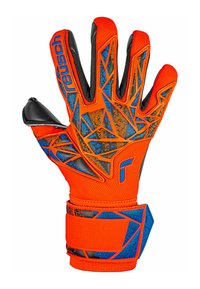 Bright orange goalkeeper glove with black and blue accents, textured grip pattern, and adjustable wrist strap. Features geometric designs.